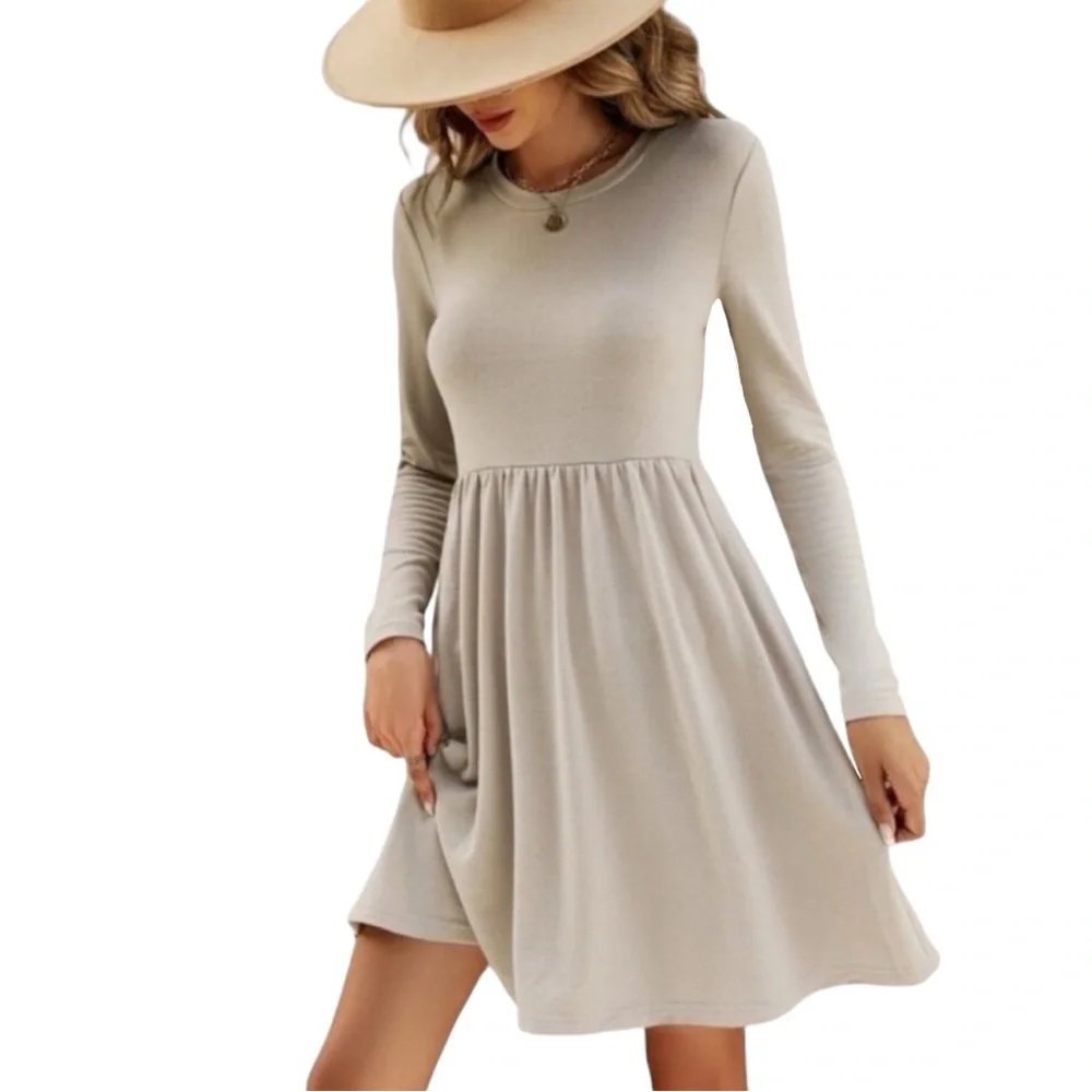 NWT Emery Rose Tan Long Sleeve Solid A-Line Dress size women’s large 8 / 10